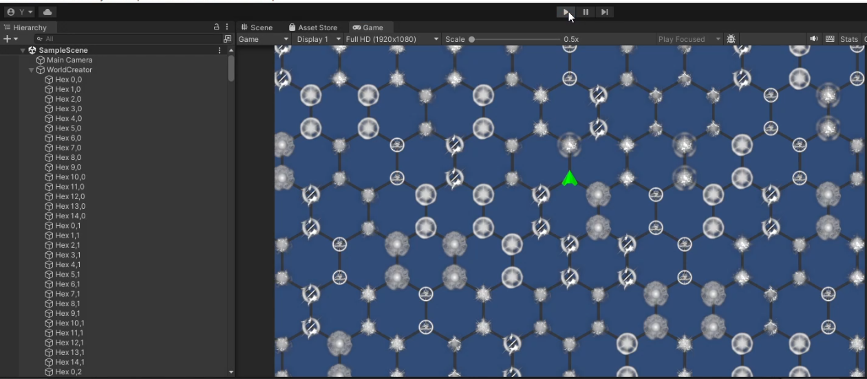 A hexagon grid with Kenney assets as planets