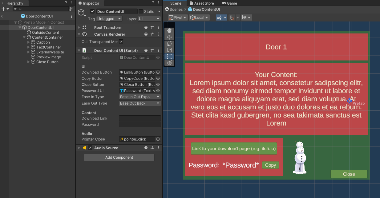Unity editor with opened prefab for the door content