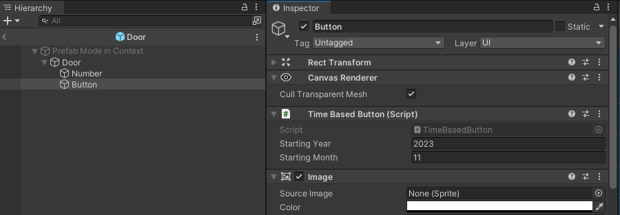 Unity inspector view of a button with the TimeBasedButton script attached